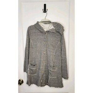 EILEEN FISHER Gray Double Layer Ripple Knit Button Hooded Sweater Sz L Cotton
